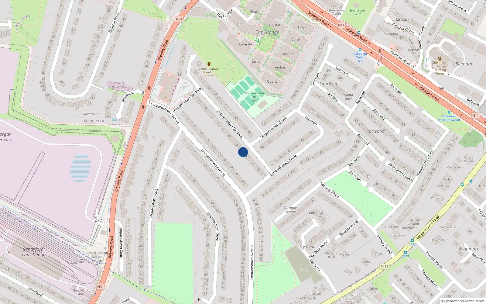 Overhead map showing the location of 45 Leopardstown Gardens, Blackrock, Dublin