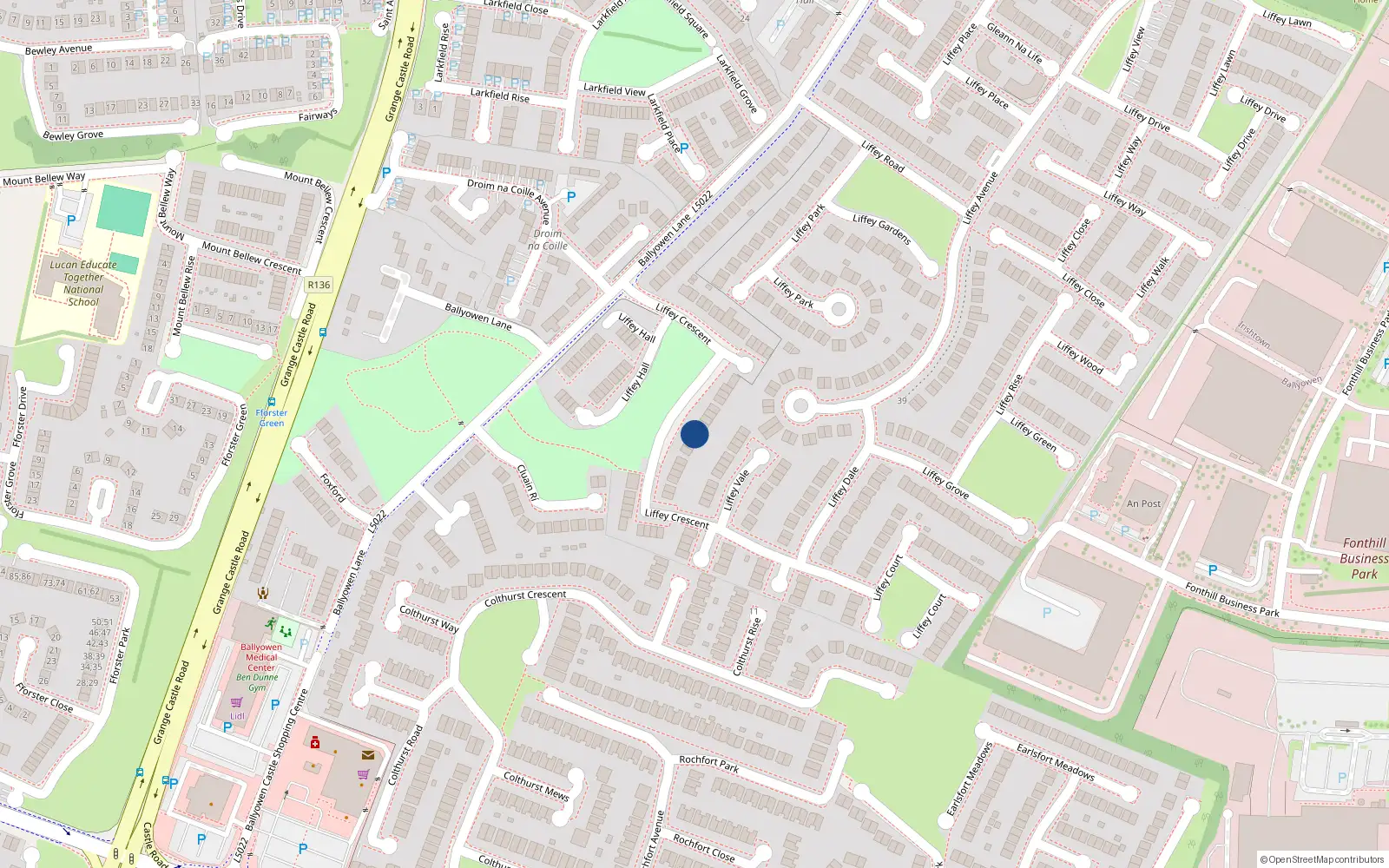 Overhead map showing the location of 45 Liffey Crescent, Liffey Valley Park, Lucan