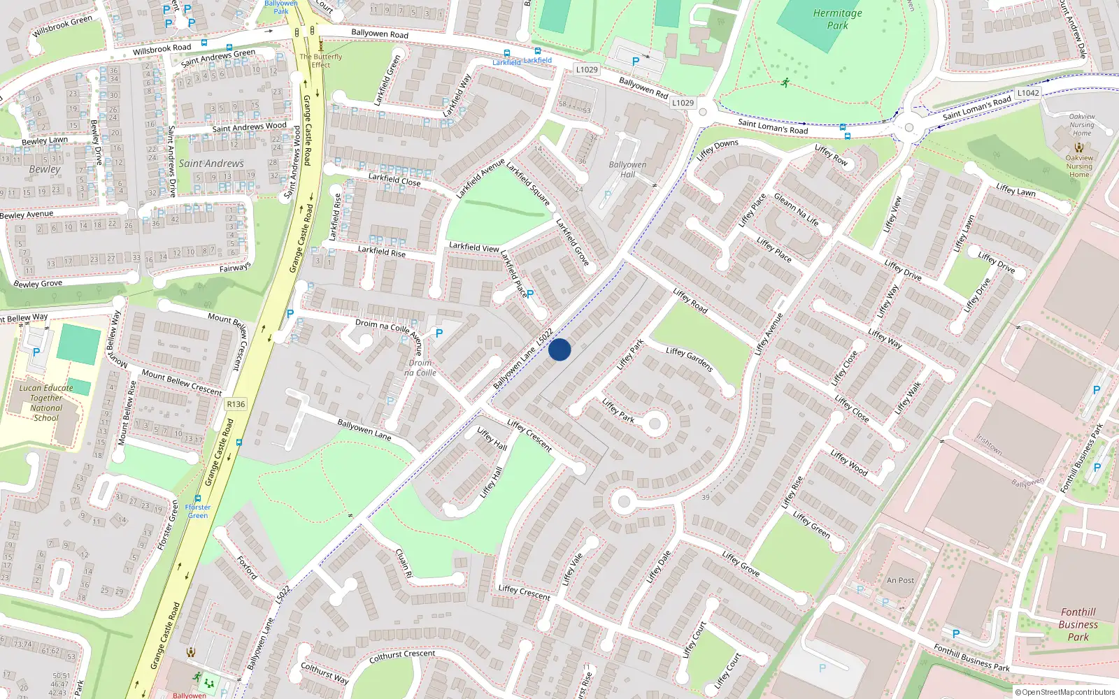 Overhead map showing the location of 45 Liffey Terrace, Lucan