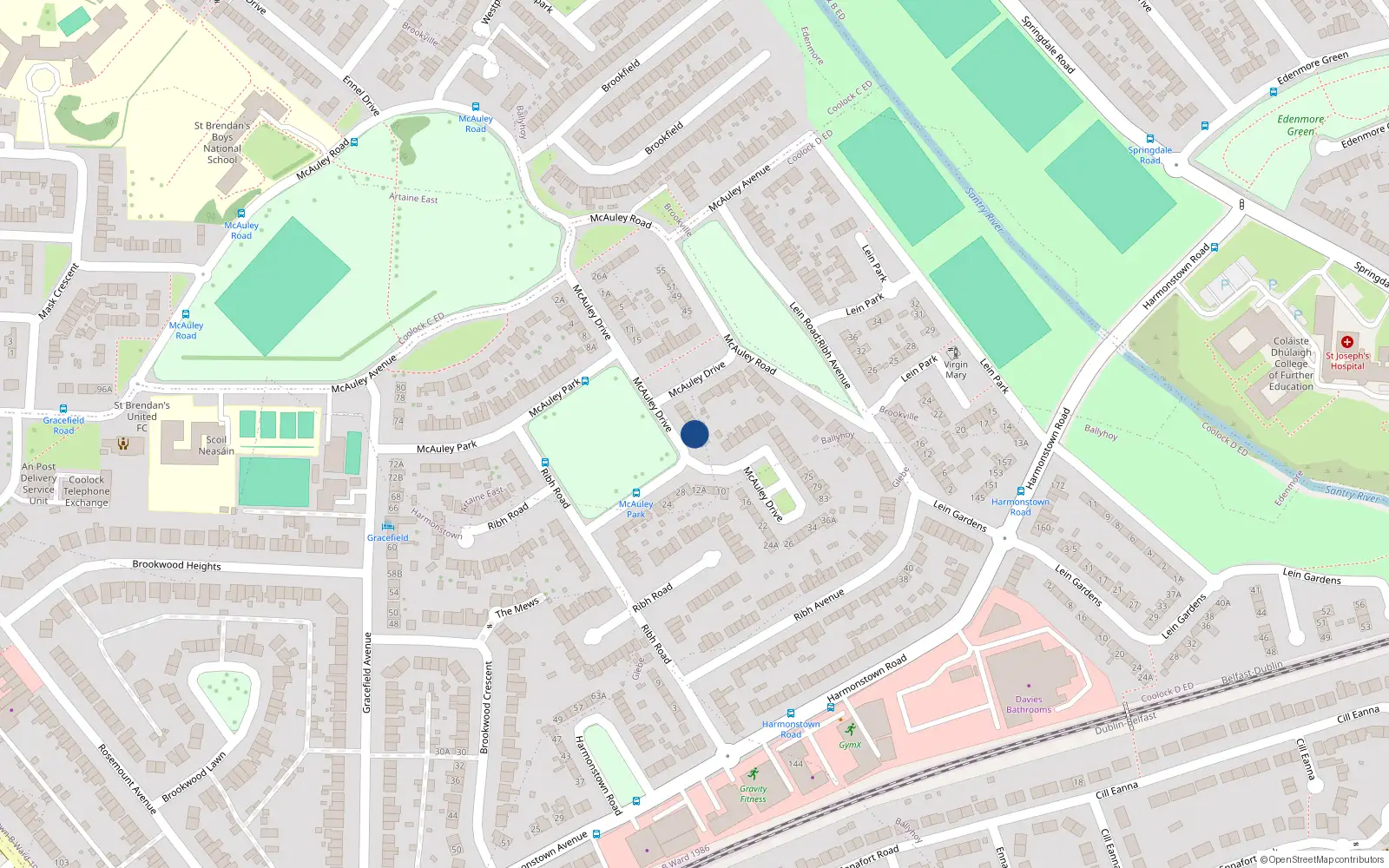 Overhead map showing the location of 45 Mcauley Drive, Harmonstown, Dublin 5