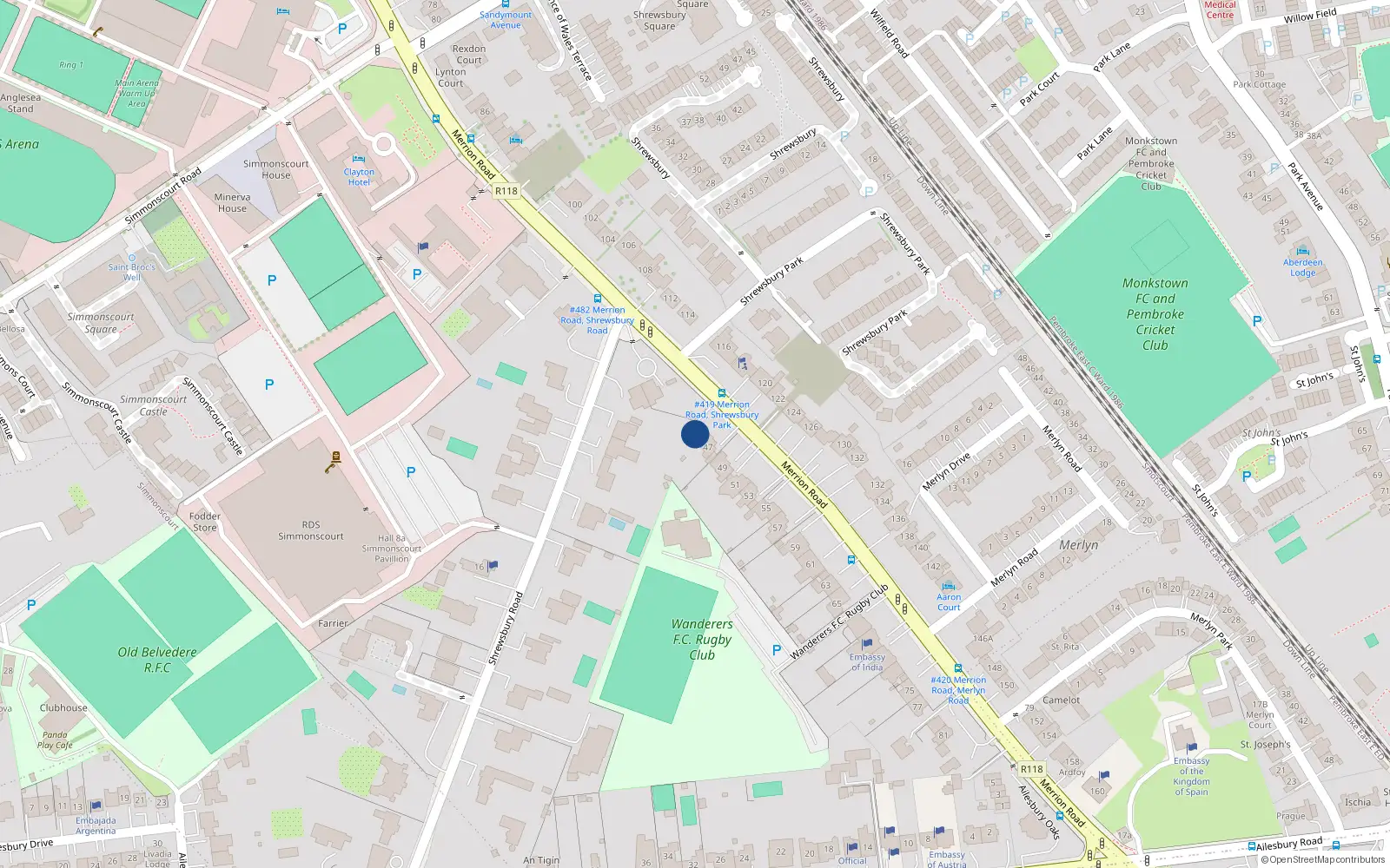 Overhead map showing the location of 45 Merrion Road, Ballsbridge