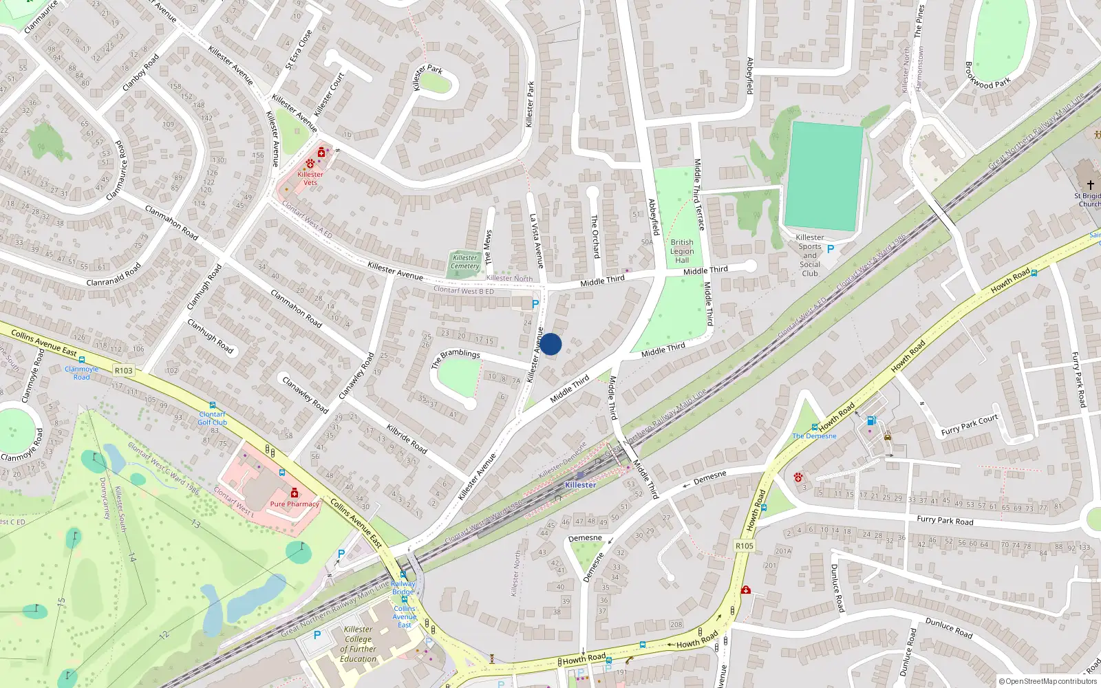 Overhead map showing the location of 45 Middle Third, Killester, Dublin 5