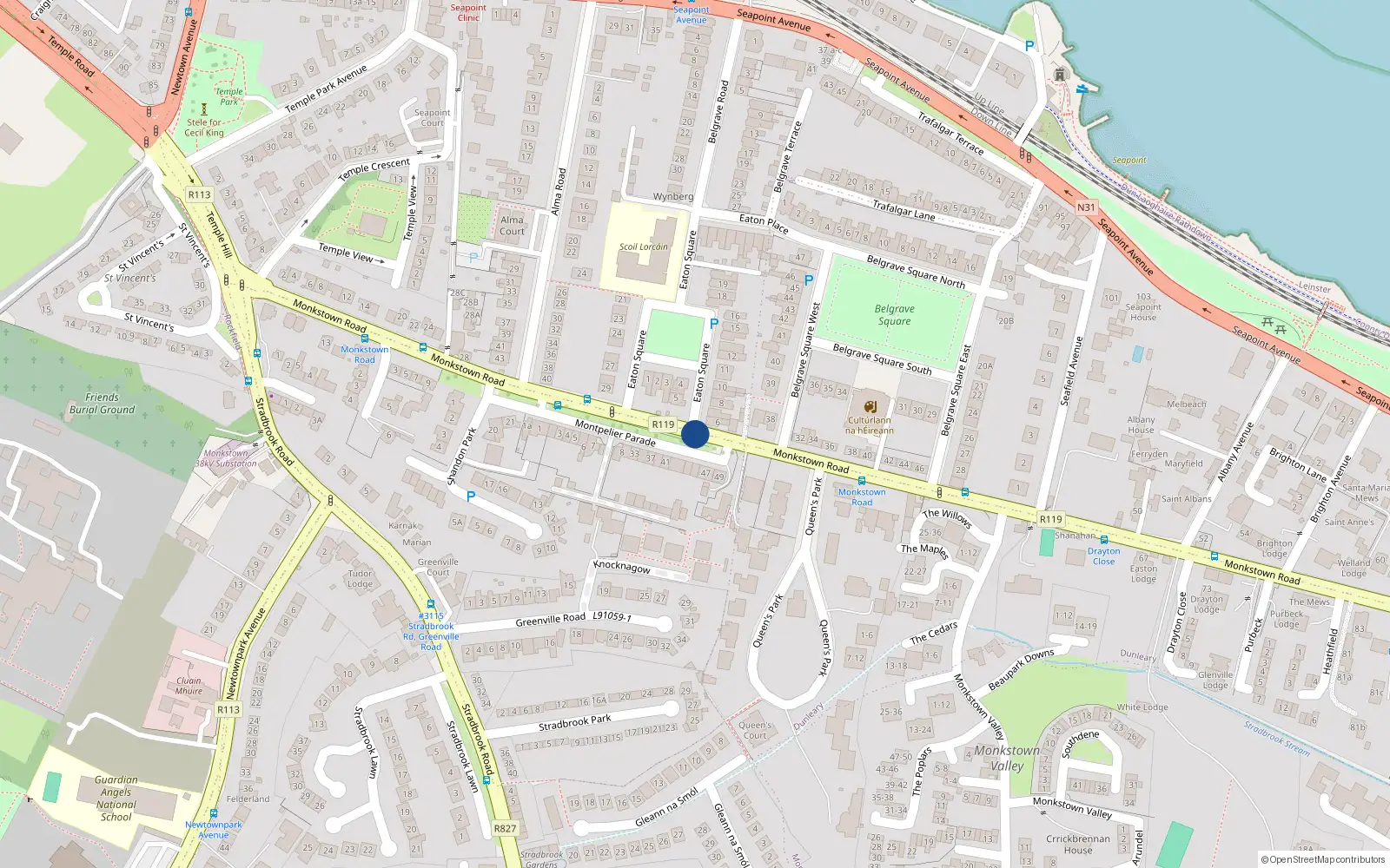 Overhead map showing the location of 45 Monkstown Road, Dublin