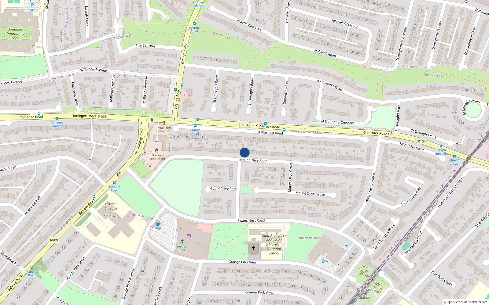Overhead map showing the location of 45 Mount Olive Road, Kilbarrack, Dublin 5
