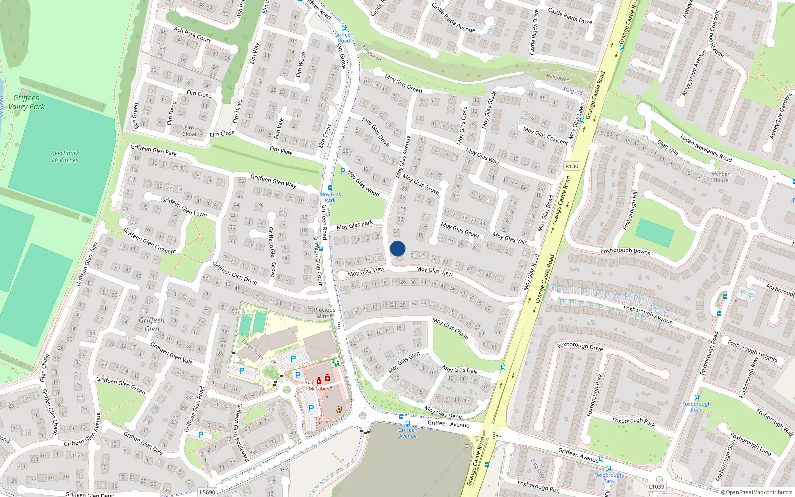 Overhead map showing the location of 45 Moy Glas Avenue, Lucan