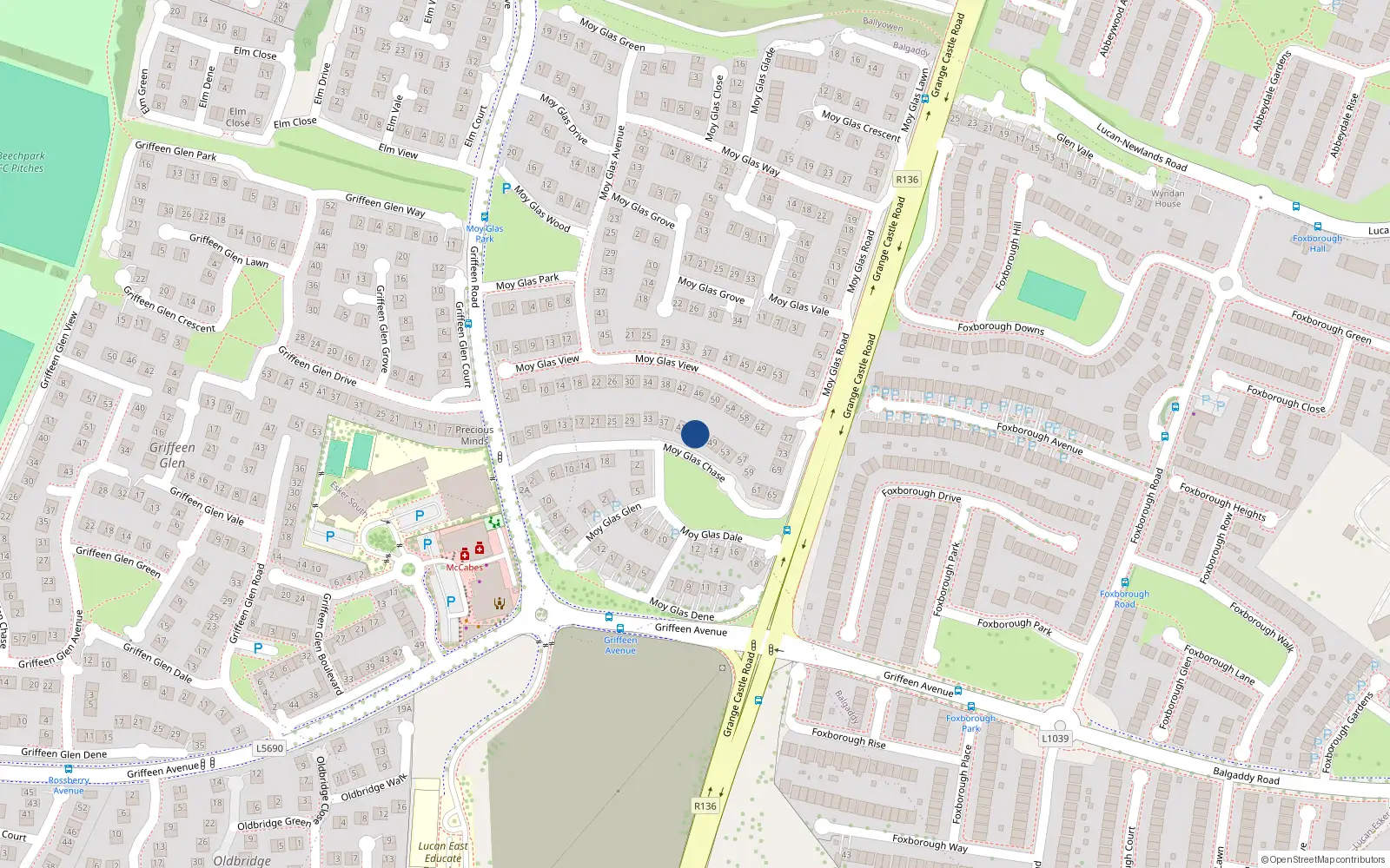 Overhead map showing the location of 45 Moyglass Chase, Lucan, Dublin