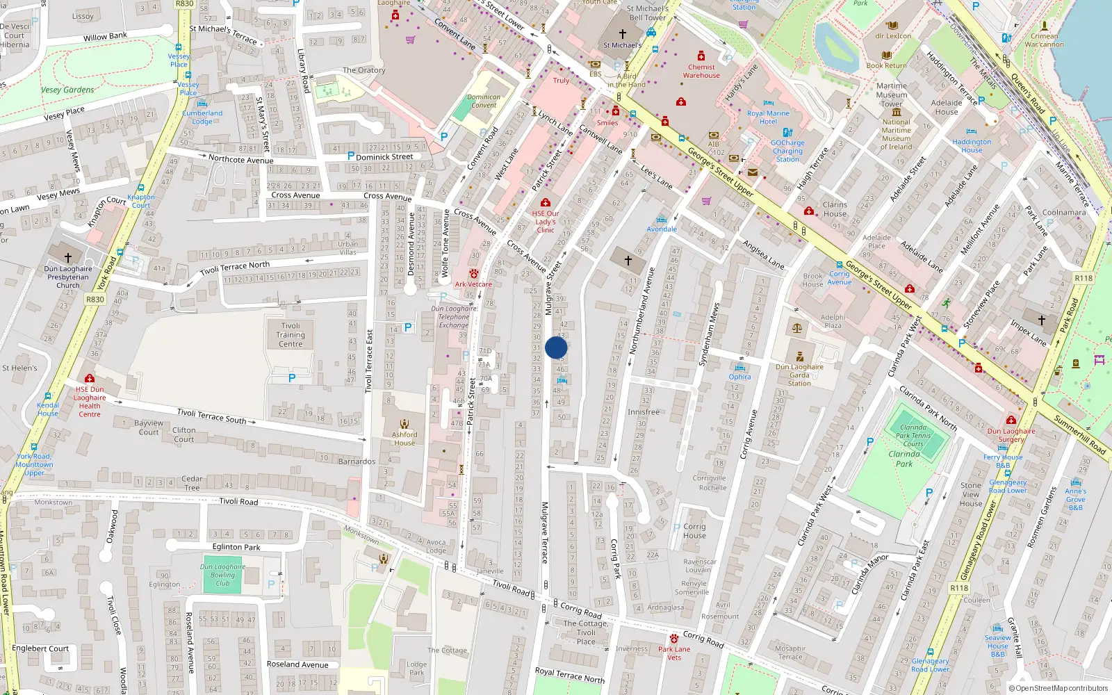 Overhead map showing the location of 45 Mulgrave St, Dun Laoghaire, Dublin