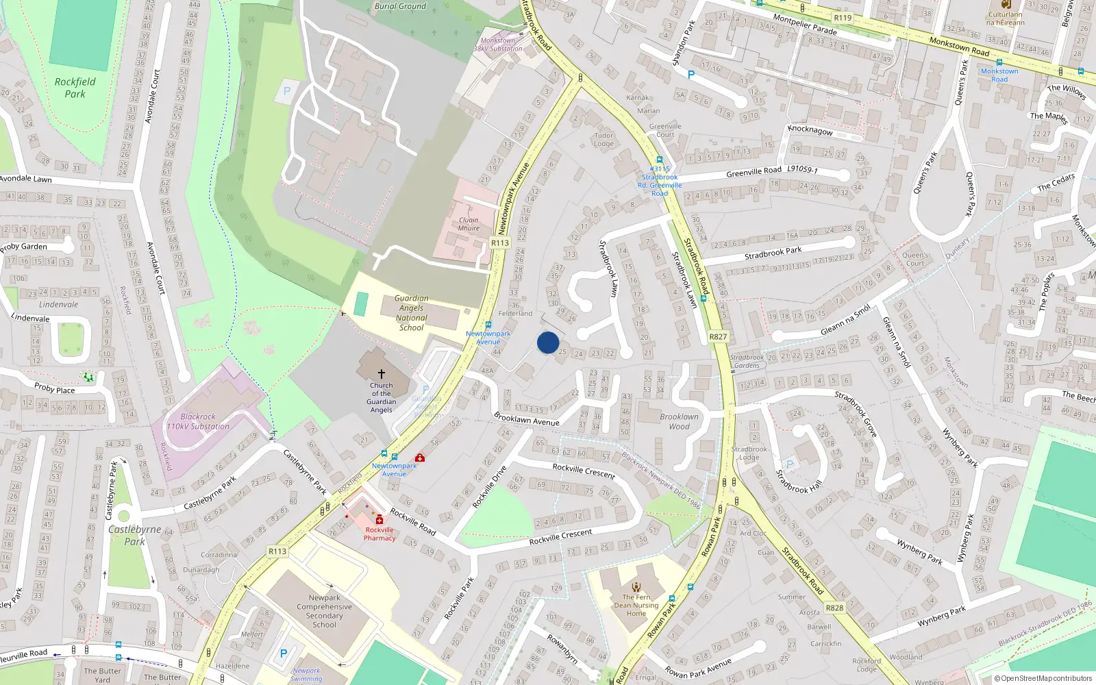 Overhead map showing the location of 45 Newtownpark Avenue, Blackrock