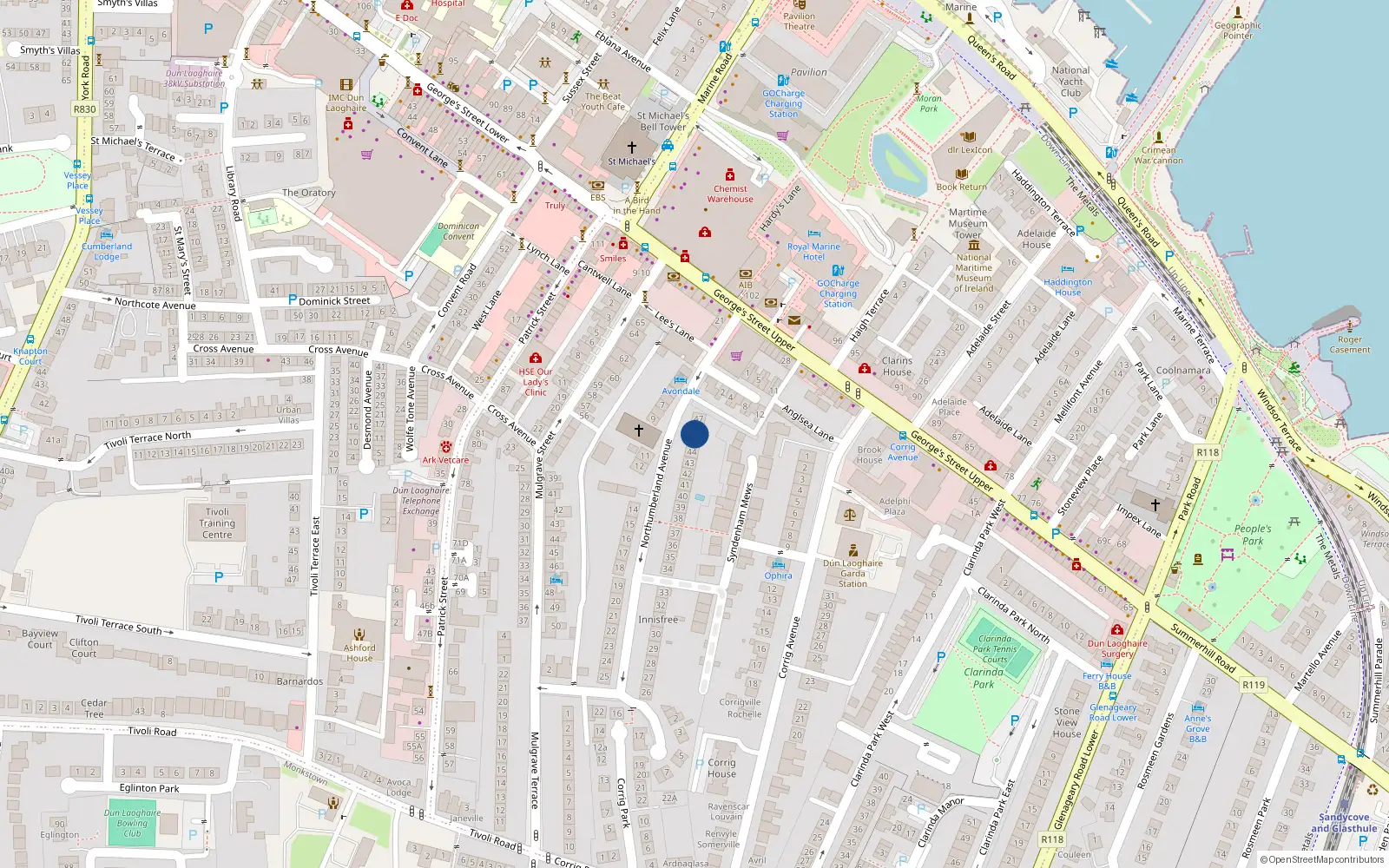 Overhead map showing the location of 45 Northumberland Avenue, Dun Laoghaire, Dublin