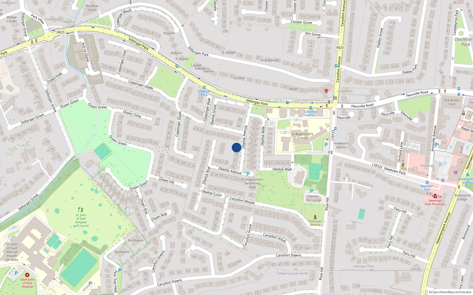 Overhead map showing the location of 45 Obelisk Avenue, Blackrock