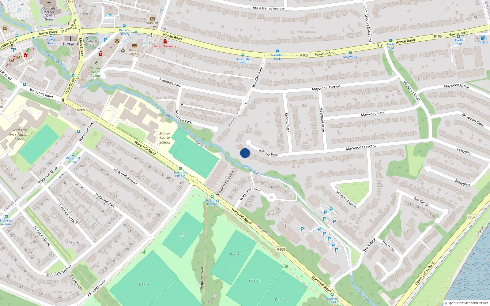 Overhead map showing the location of 45 Raheny Park, Maywood, Raheny Dublin 5