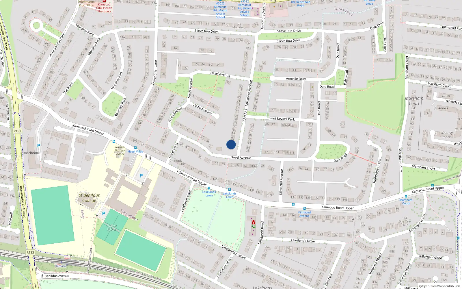 Overhead map showing the location of 45 Rathmore Avenue, Blackrock