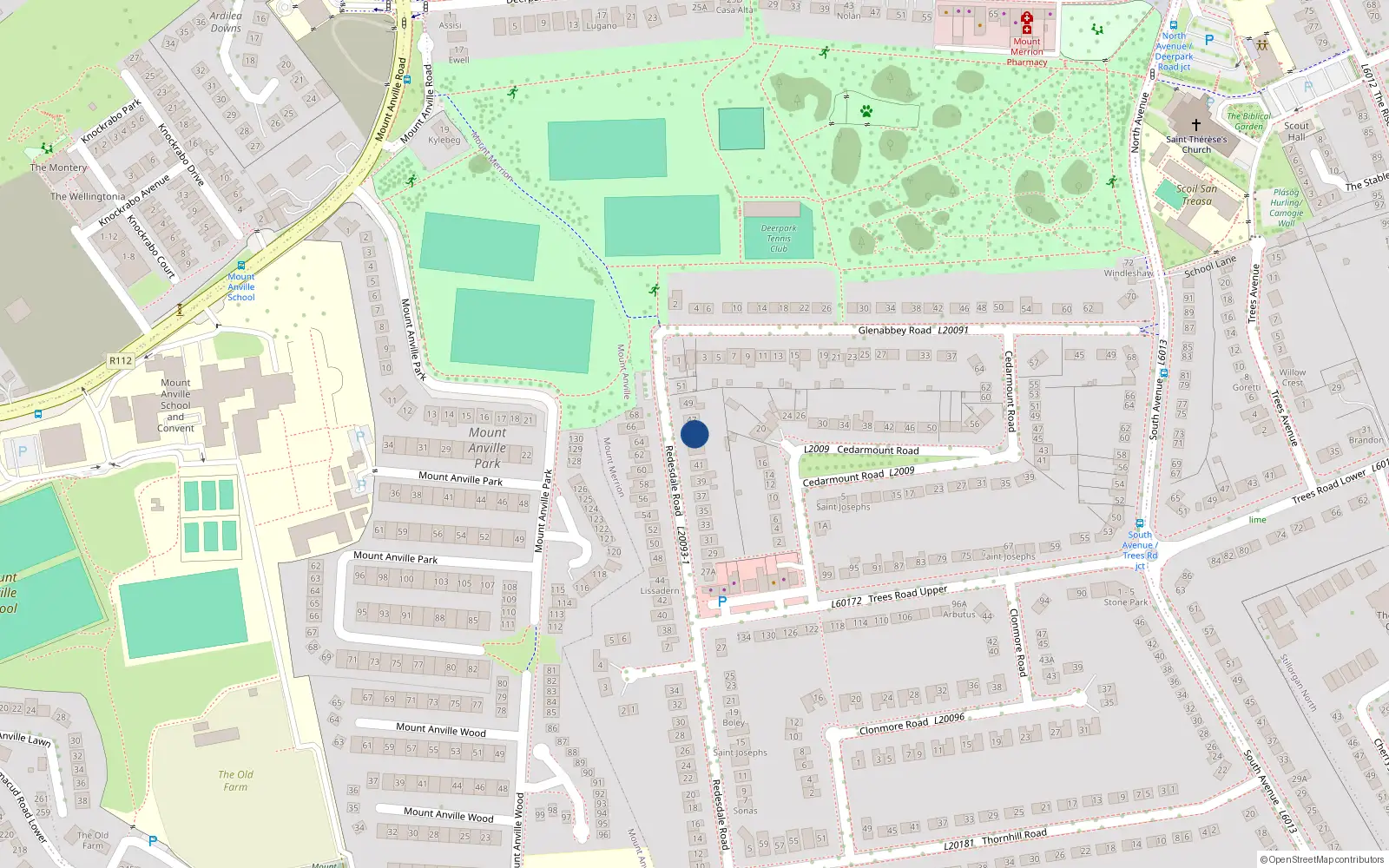 Overhead map showing the location of 45 Redesdale Road, Blackrock