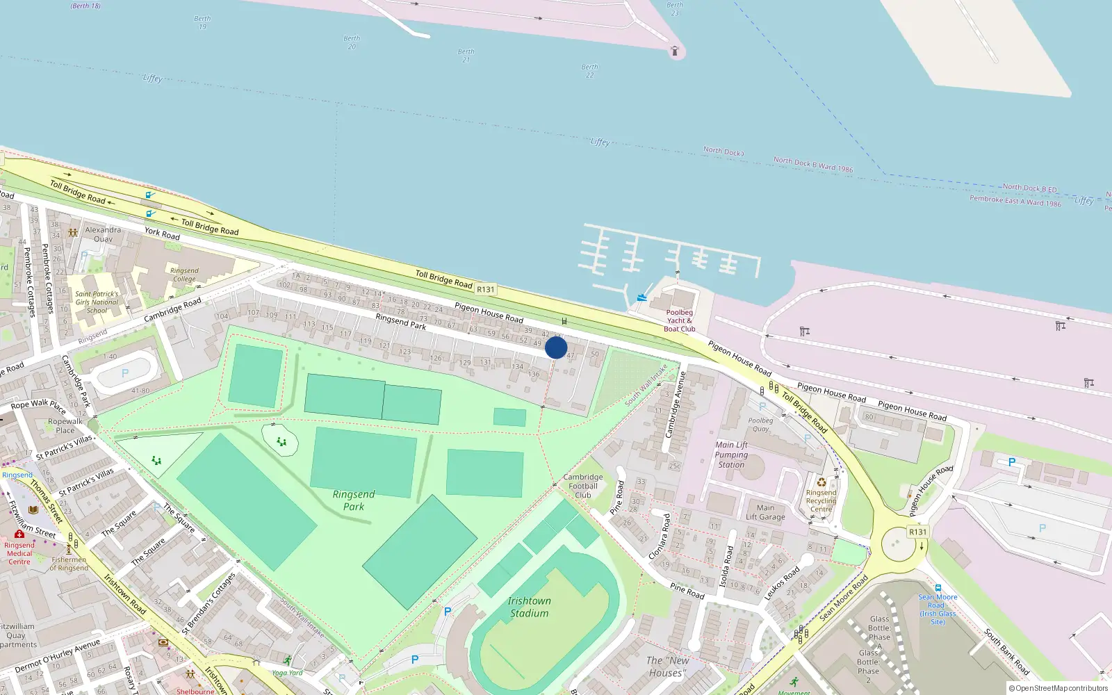 Overhead map showing the location of 45 Ringsend Park, Dublin 4