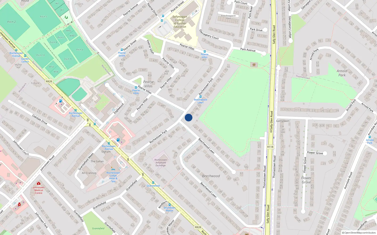 Overhead map showing the location of 45 Rochestown Park, Dun Laoghaire, Dublin