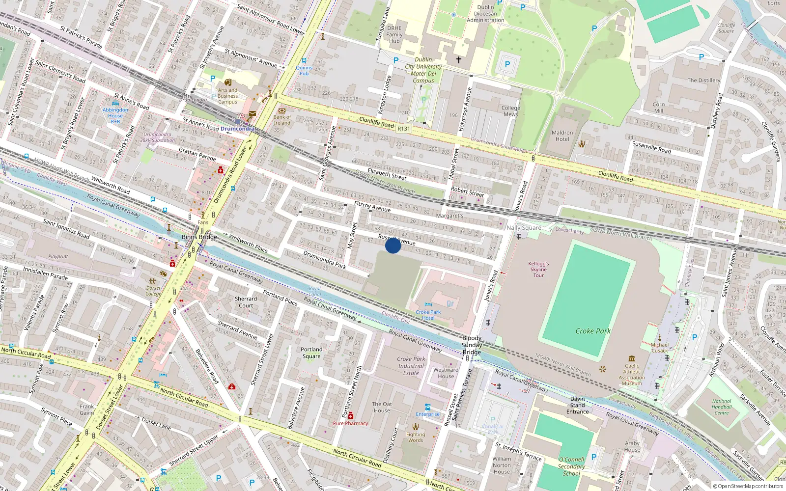 Overhead map showing the location of 45 Russell Avenue, Drumcondra, Dublin 3