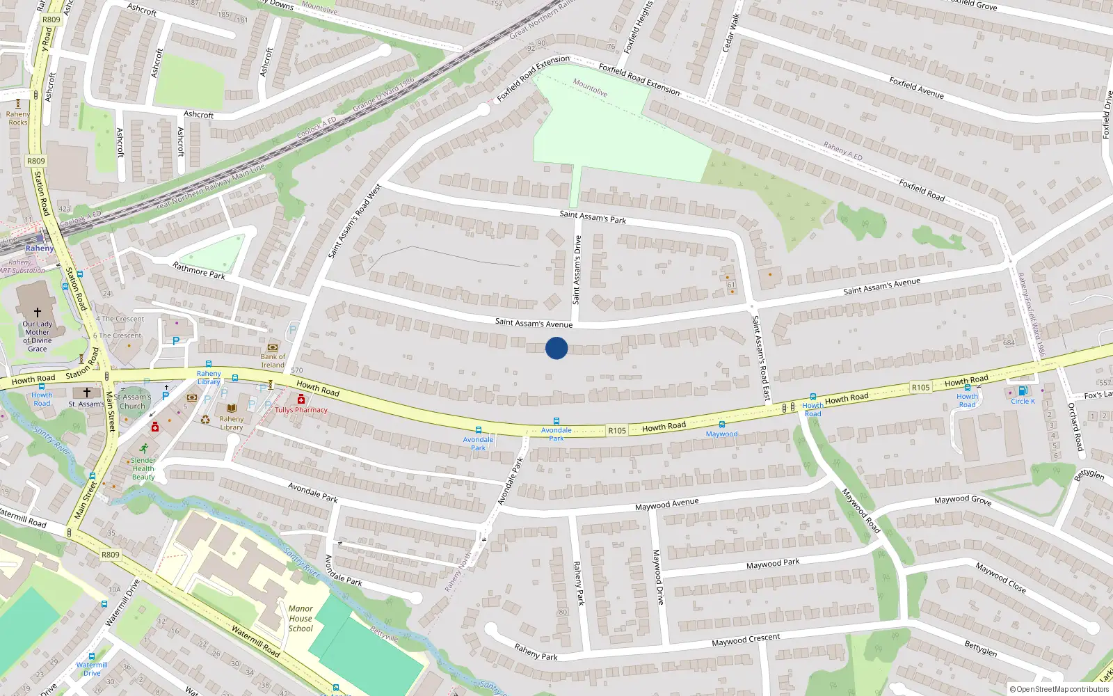 Overhead map showing the location of 45 Saint Assams Avenue, Dublin 5