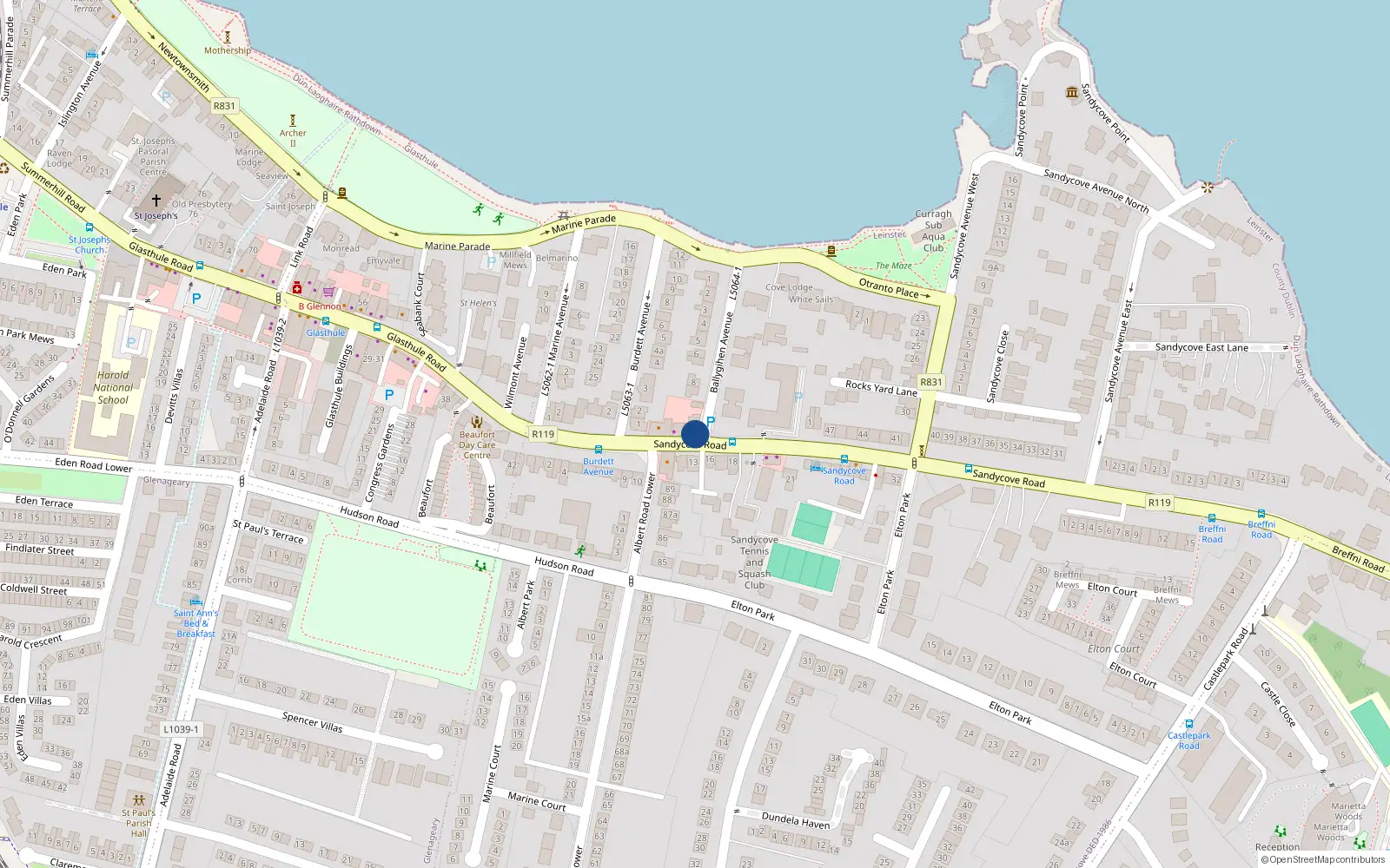 Overhead map showing the location of 45 Sandycove Road, Dublin