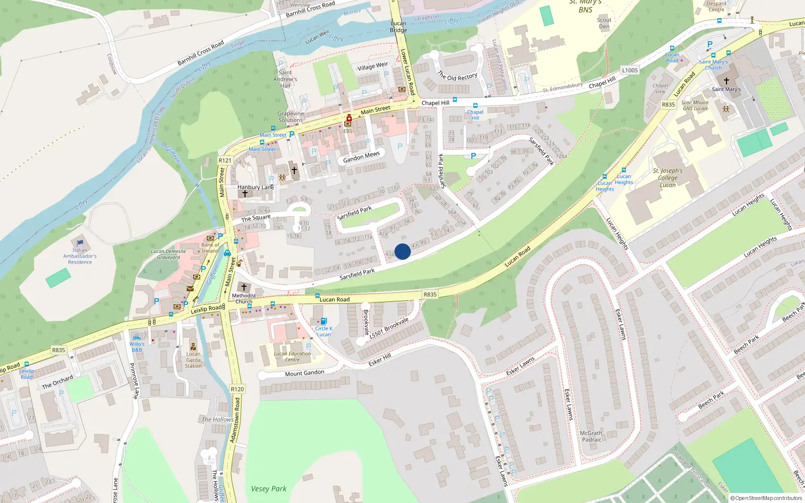 Overhead map showing the location of 45 Sarsfield Park, Lucan, Dublin