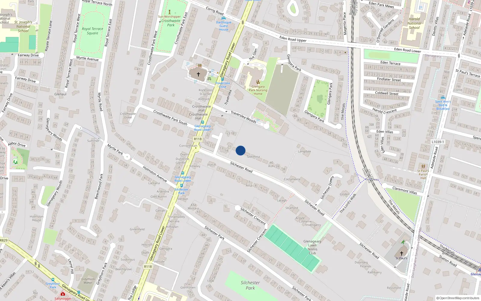 Overhead map showing the location of 45 Silchester Road, Dublin
