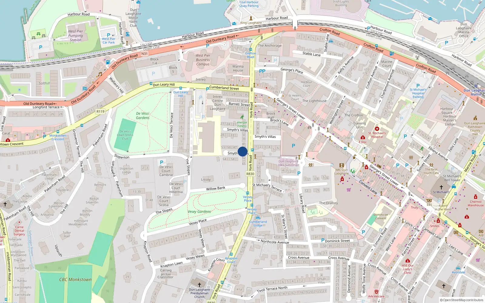 Overhead map showing the location of 45 Smyth's Villas, Dun Laoghaire