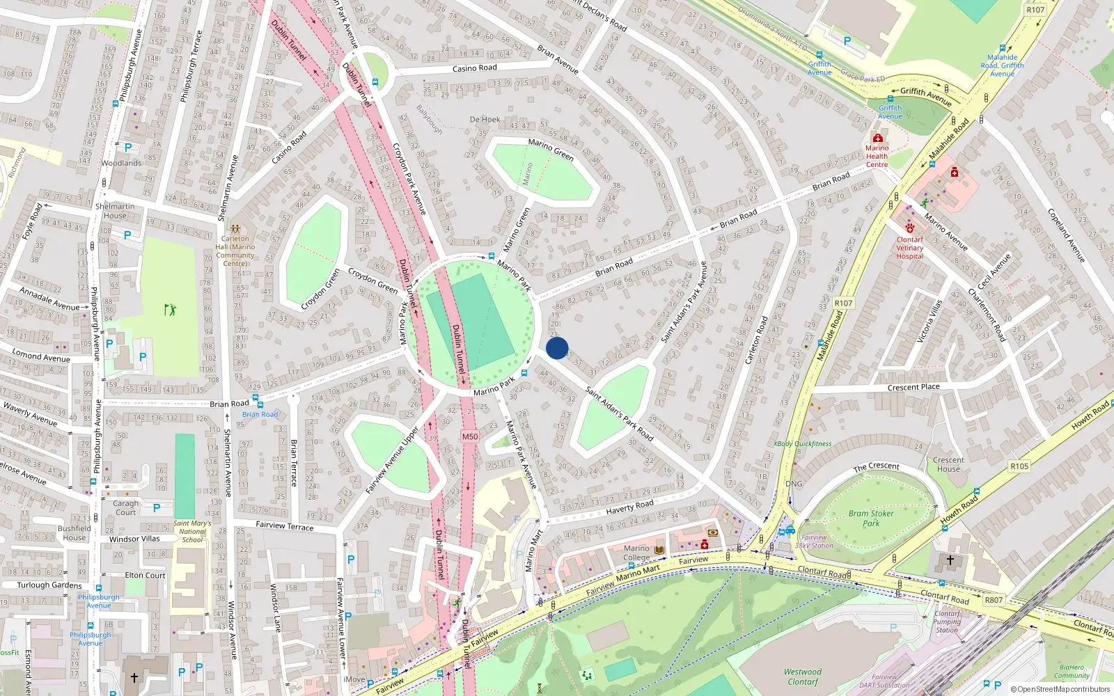 Overhead map showing the location of 45 St Aidans Park Road, Marino, Dublin 3