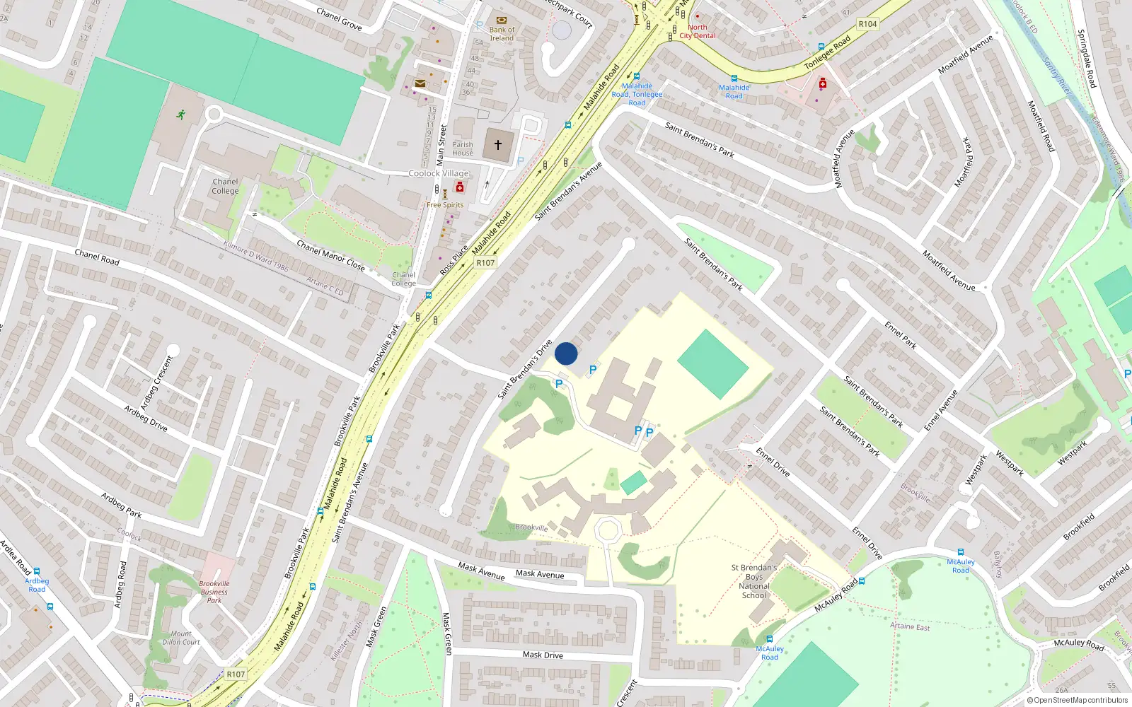 Overhead map showing the location of 45 St Brendans Drive, Coolock, Dublin 5