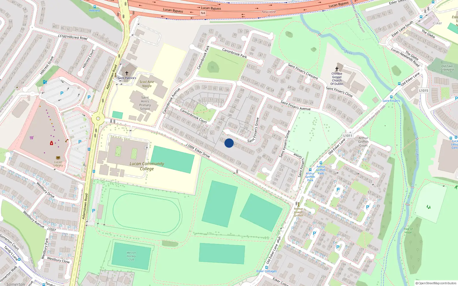 Overhead map showing the location of 45 Saint Finian's Grove, Lucan