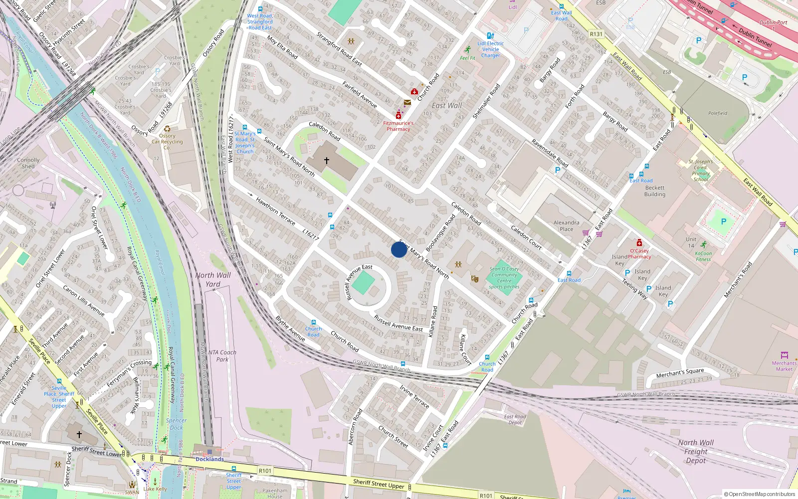 Overhead map showing the location of 45 St Marys Road North, Eastwall, Dublin 3