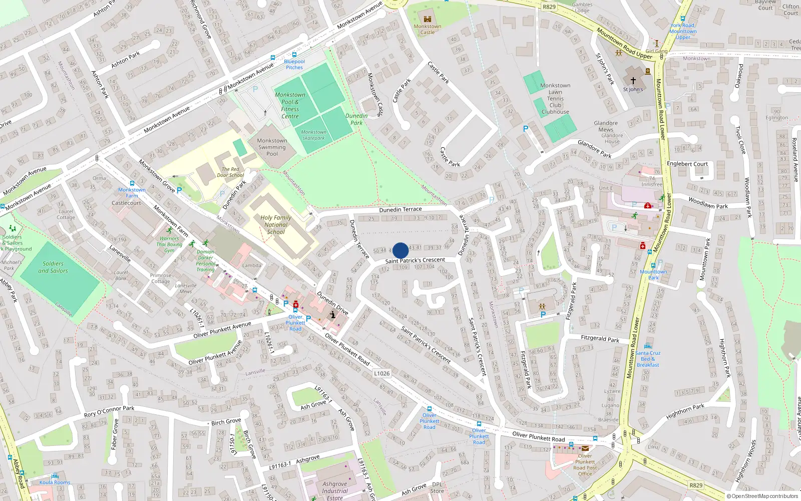 Overhead map showing the location of 45 St Patricks Crescent, Monkstown Farm, Dun Laoghaire