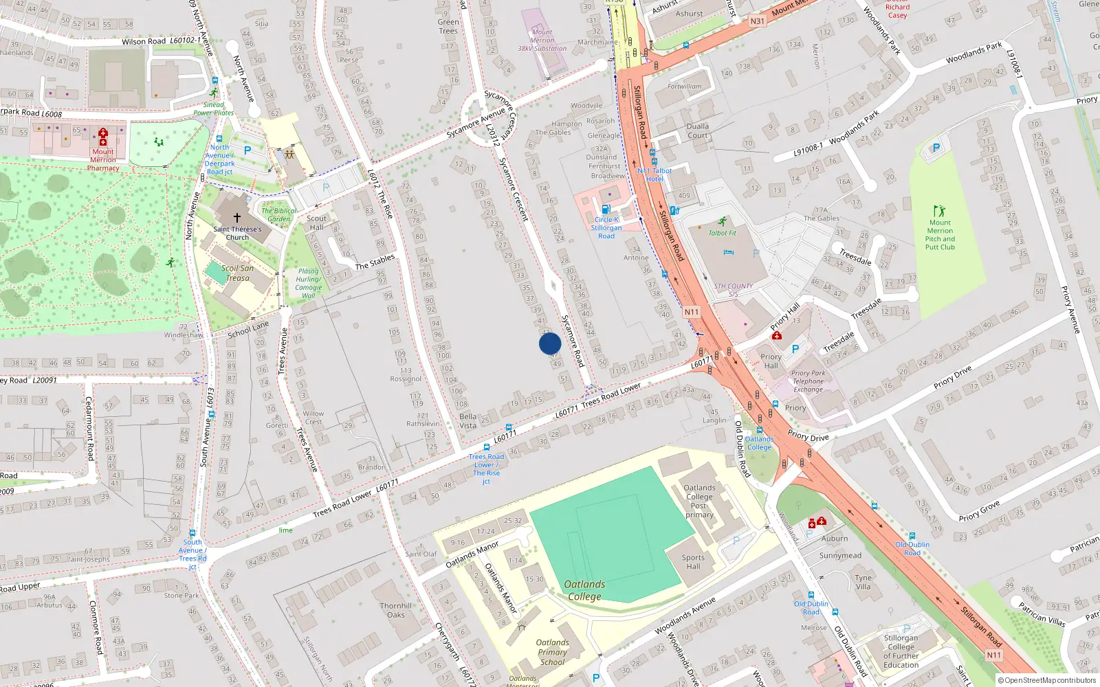 Overhead map showing the location of 45 Sycamore Road, Mount Merrion, Co Dublin