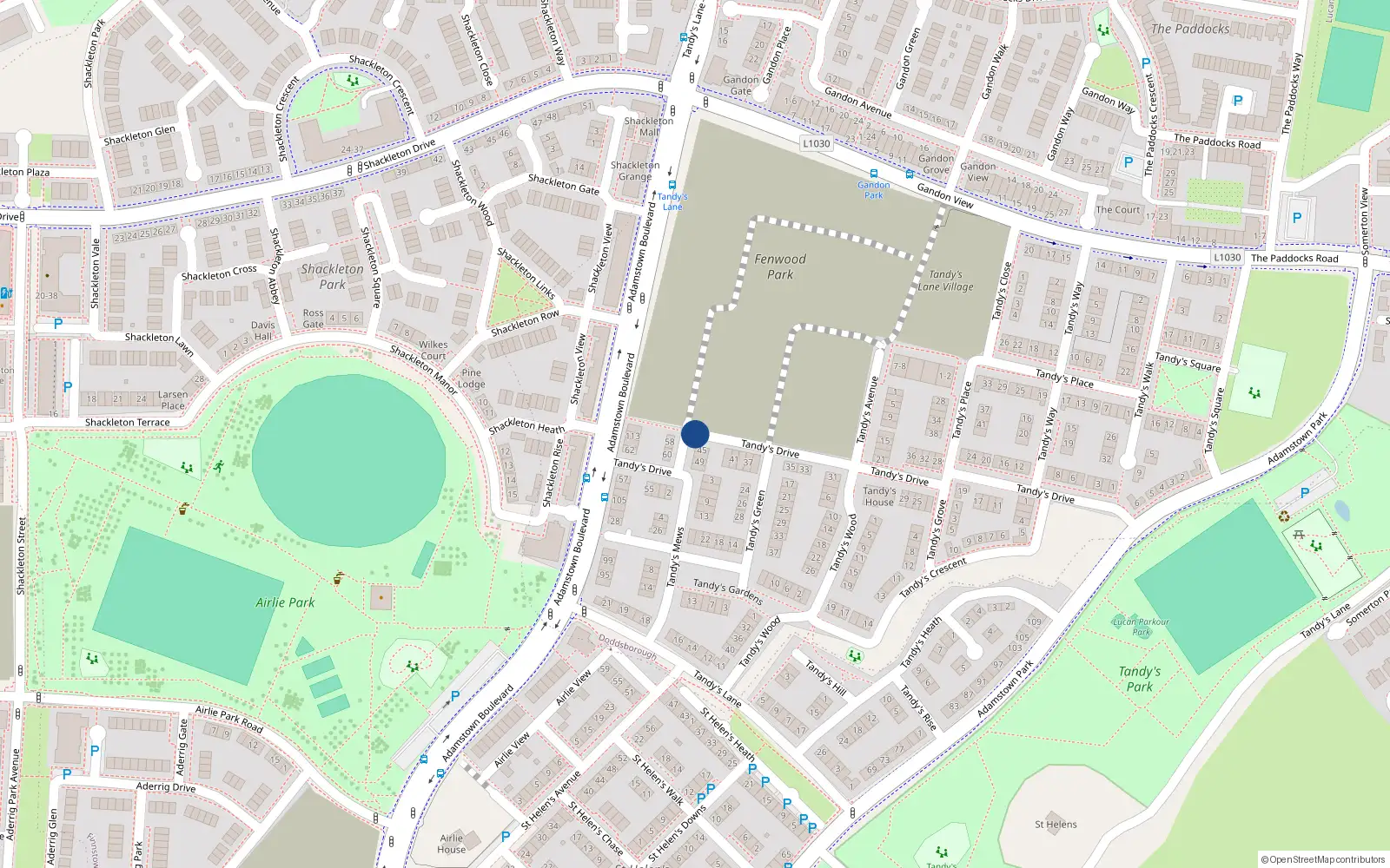 Overhead map showing the location of 45 Tandy's Drive, Lucan