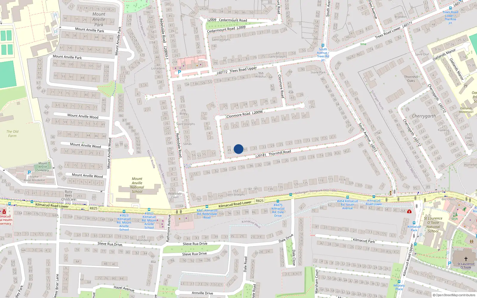 Overhead map showing the location of 45 Thonrhill Road, Mount Merrion
