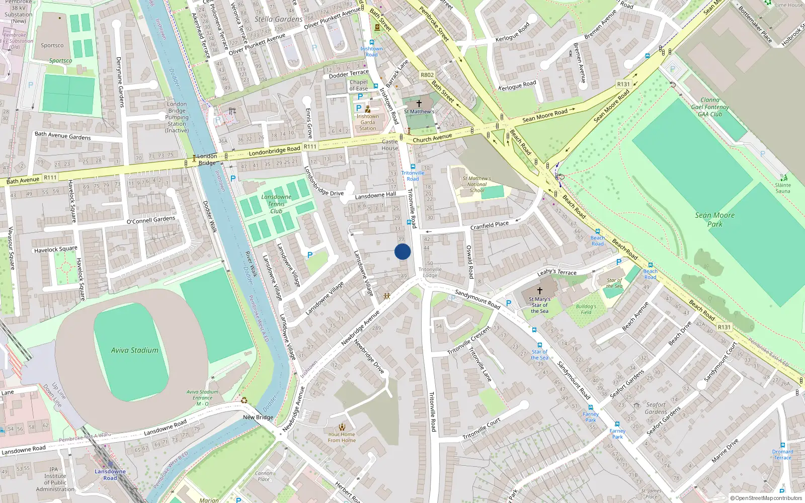 Overhead map showing the location of 45 Tritonville Road, Irishtown