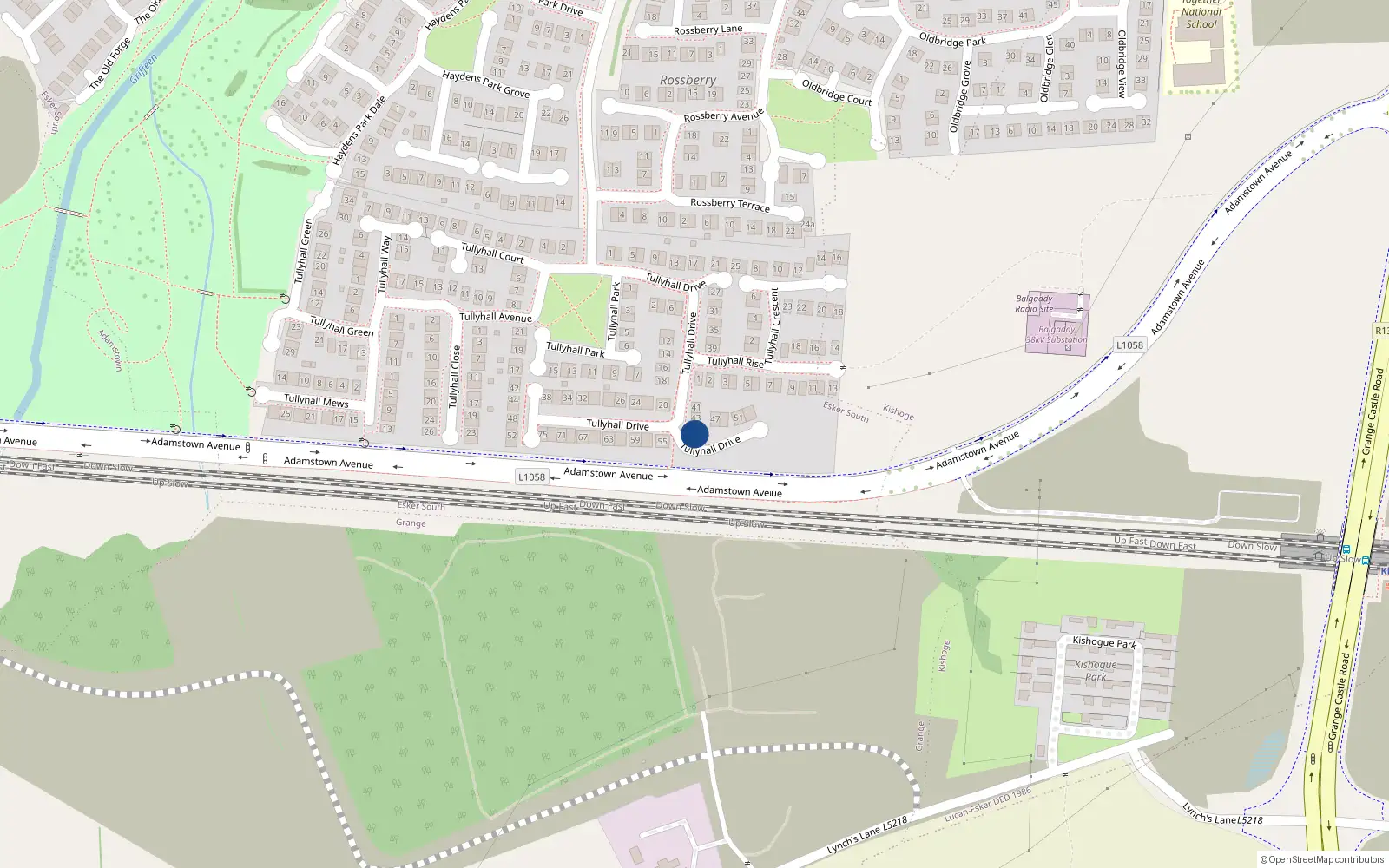 Overhead map showing the location of 45 Tullyhall Drive, Lucan