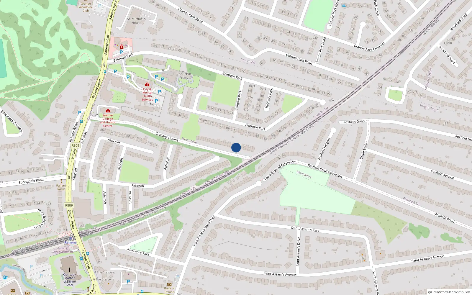 Overhead map showing the location of 45 Tuscany Downs, Raheny, Dublin 5