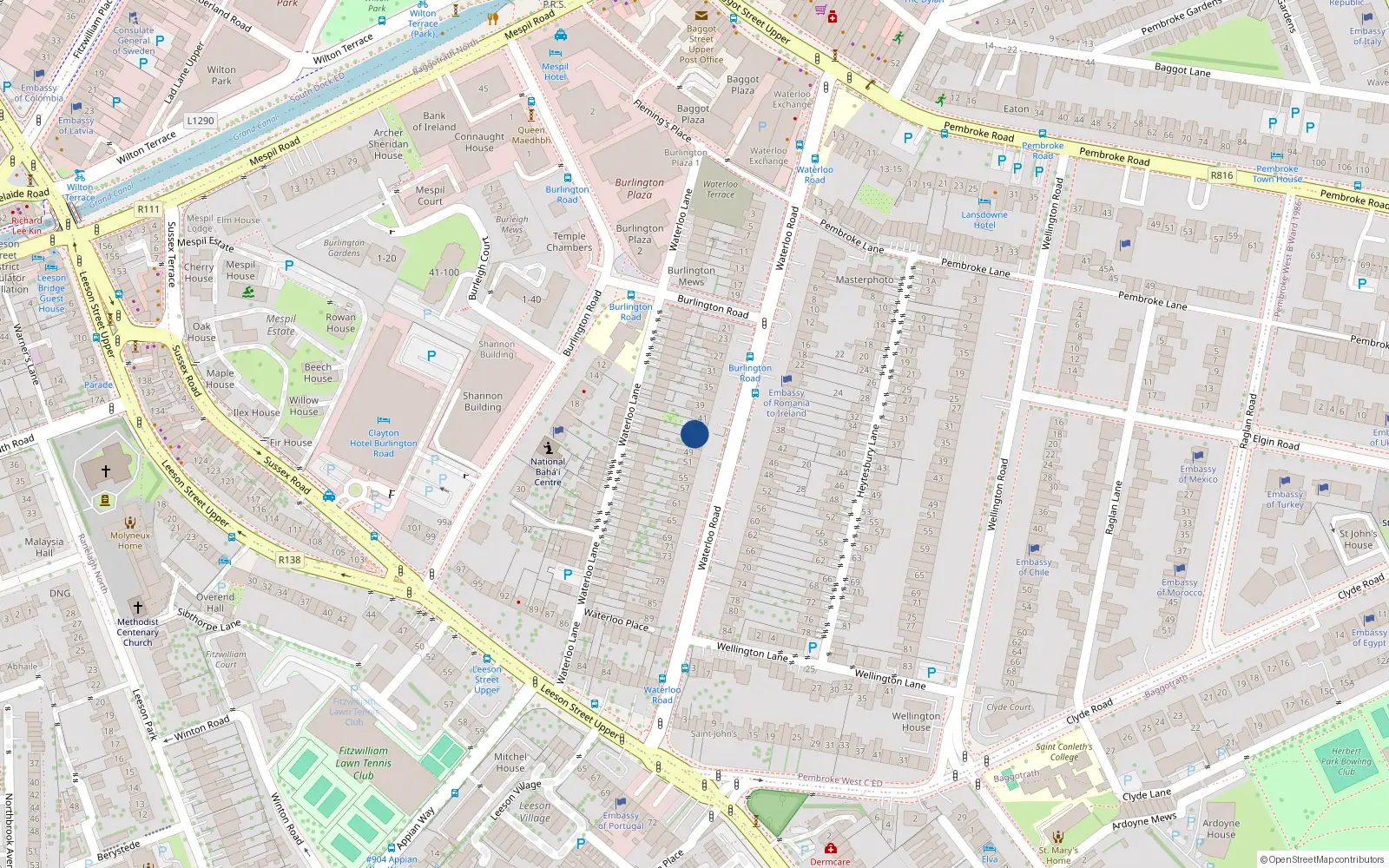 Overhead map showing the location of 45 Waterloo Road, Dublin 4