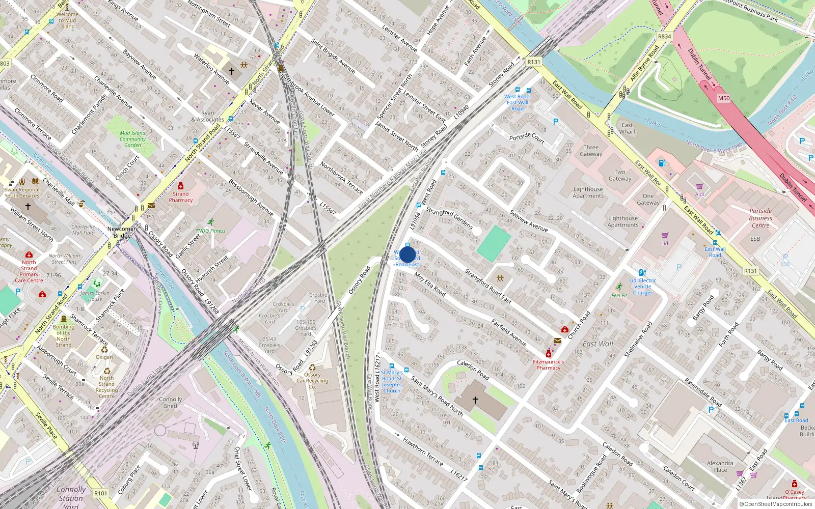 Overhead map showing the location of 45 West Road, East Wall, Dublin 3