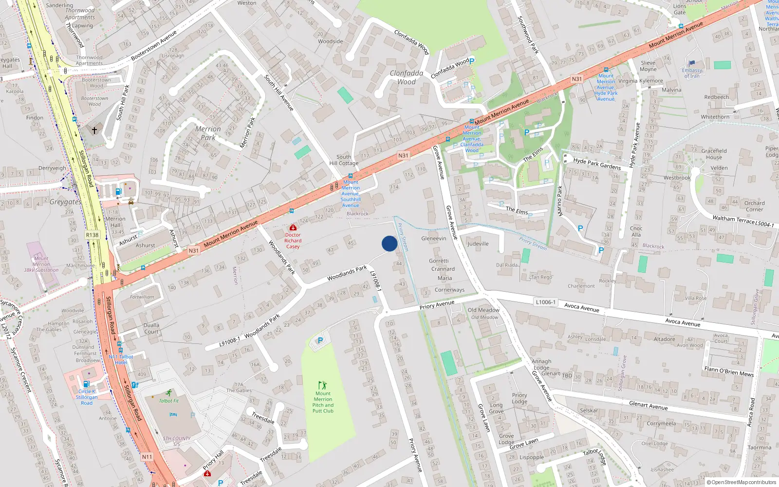 Overhead map showing the location of 45 Woodlands Park, Blackrock, Dublin