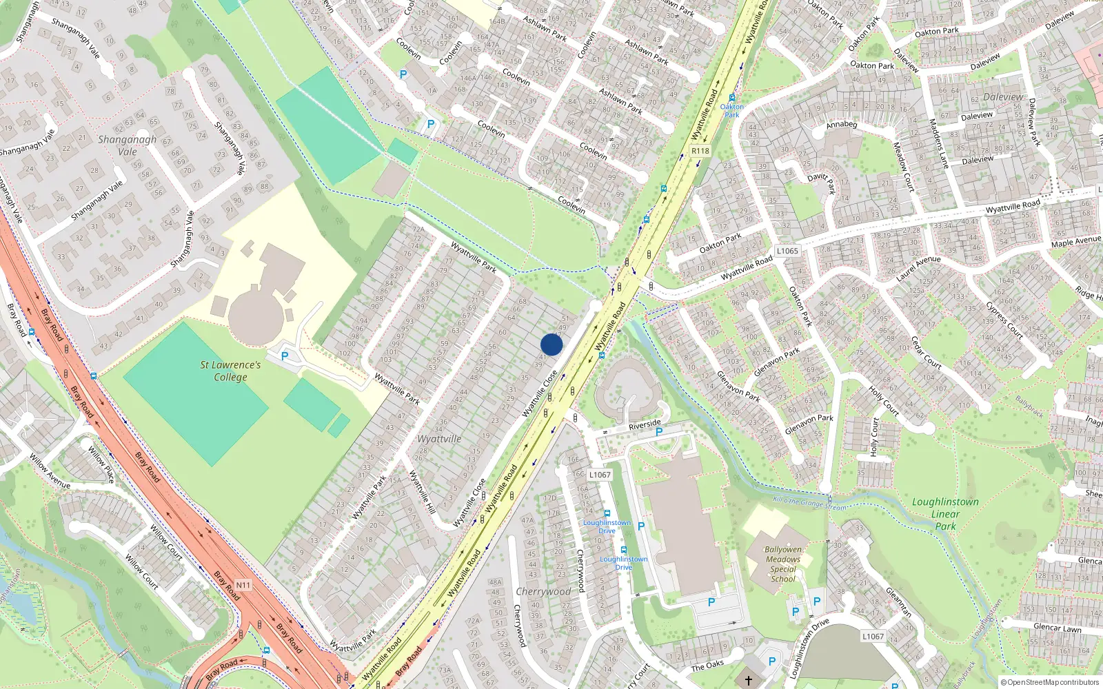 Overhead map showing the location of 45 Wyattville Close, Dublin