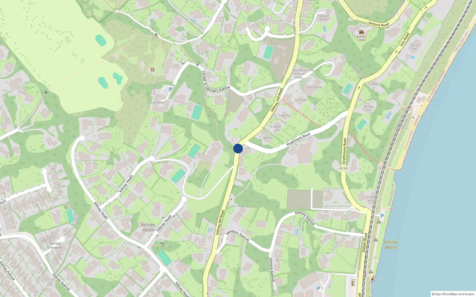 Overhead map showing the location of 45 Killiney Hill Road, Dublin