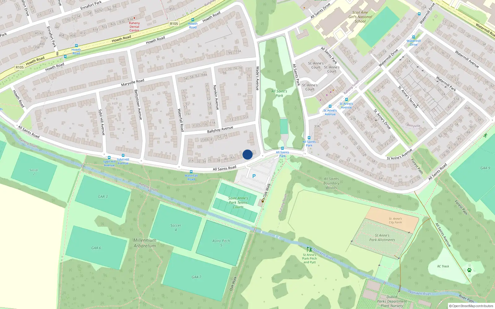 Overhead map showing the location of 46 All Saints Road, Dublin 5