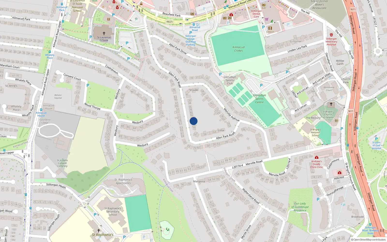 Overhead map showing the location of 46 Allen Park Road, Dublin