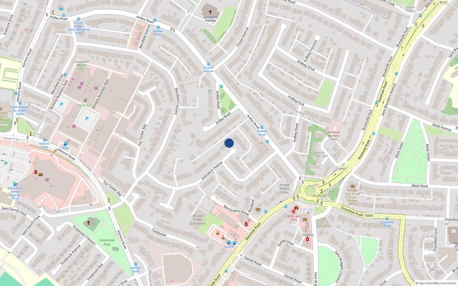 Overhead map showing the location of 46 Ardcollum Avenue, Artane, Dublin 5