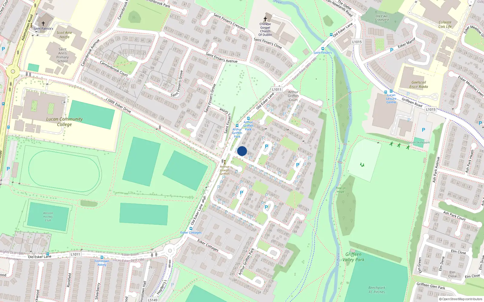 Overhead map showing the location of 46 Arthur Griffith Park, Lucan