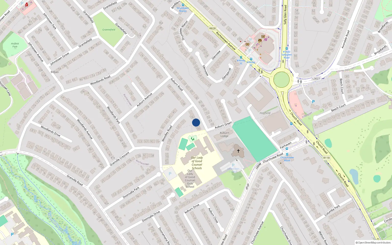 Overhead map showing the location of 46 Auburn Road, Dun Laoghaire, Dublin