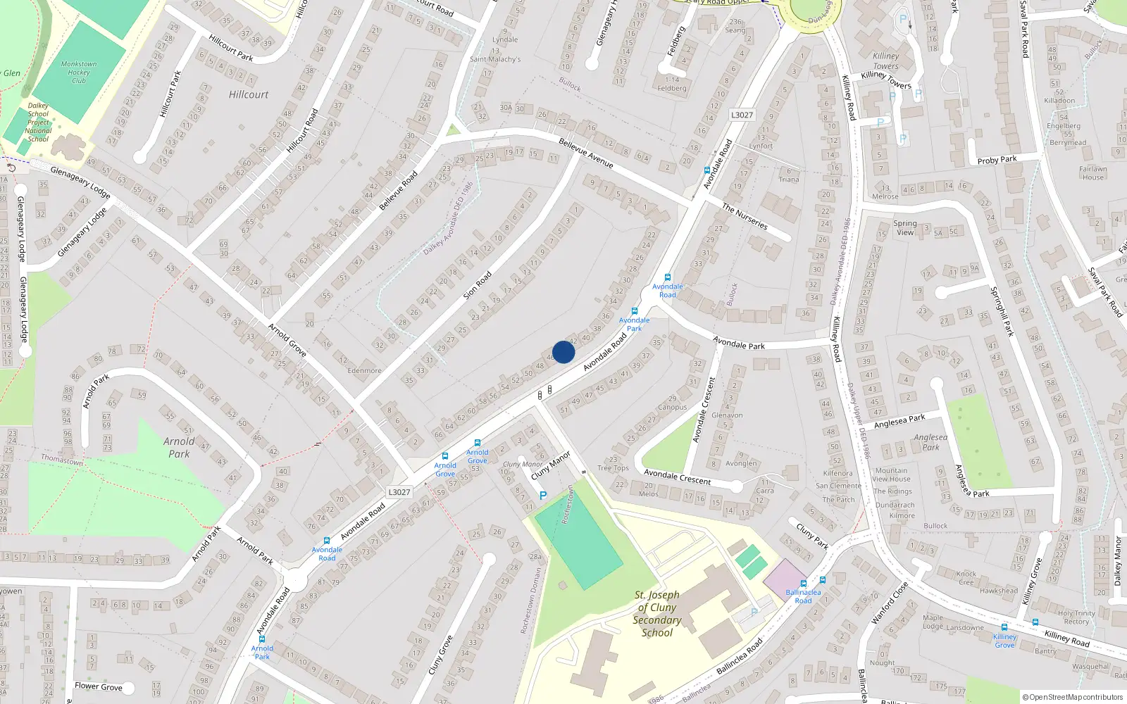 Overhead map showing the location of 46 Avondale Road, Killiney