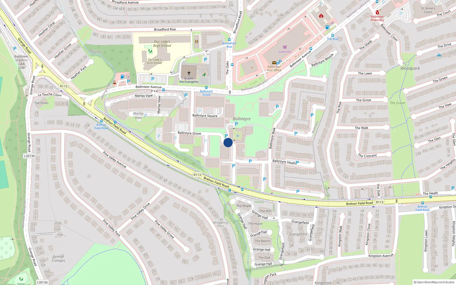 Overhead map showing the location of 46 Ballintyre Meadows, Ballinteer