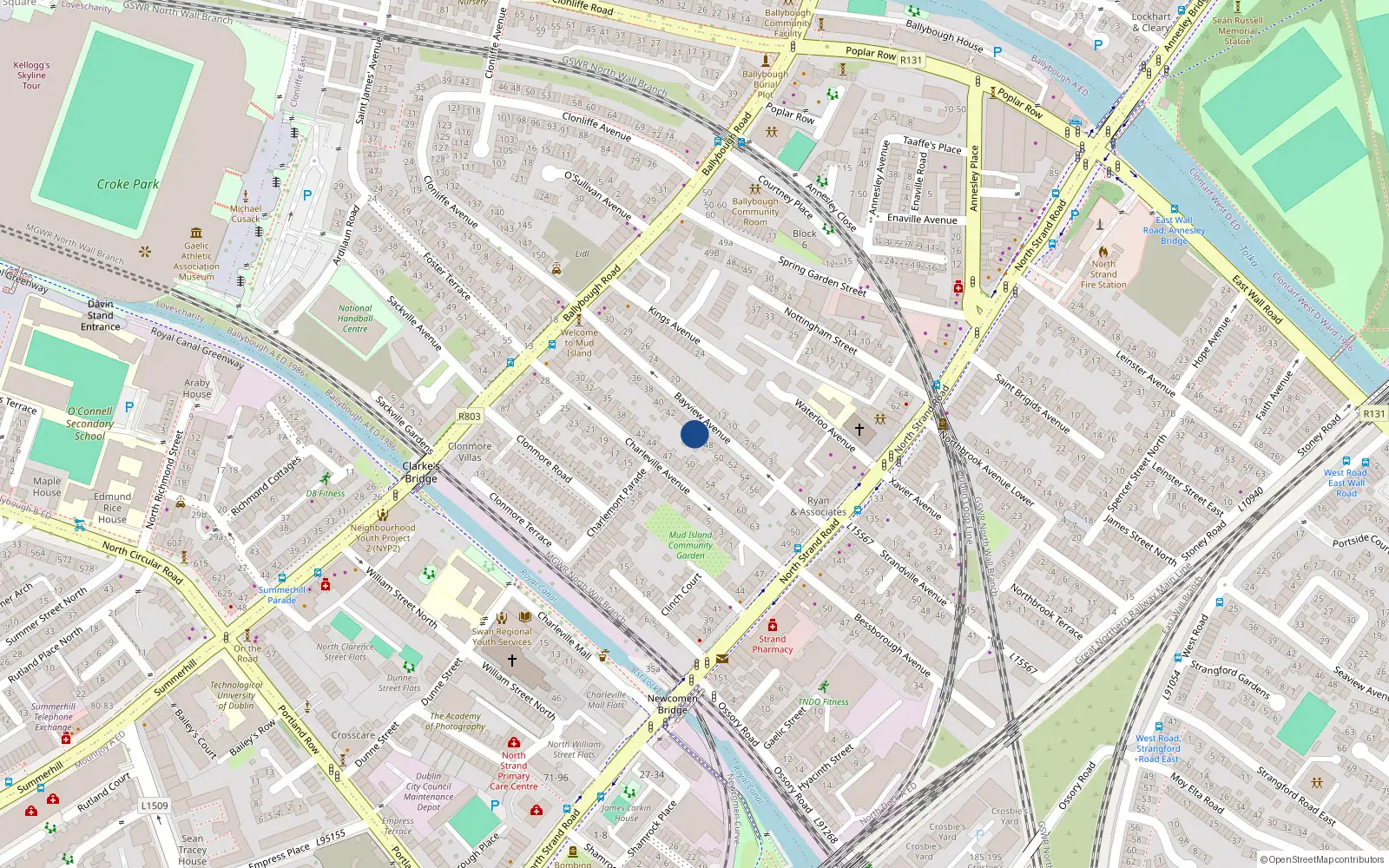 Overhead map showing the location of 46 Bayview Avenue, North Strand Road, Fairview Dublin 3