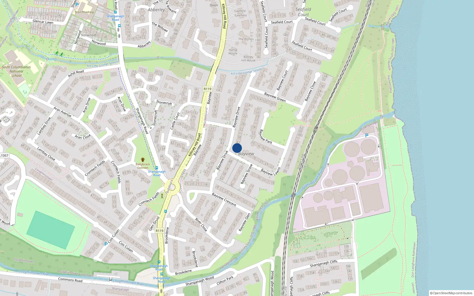 Overhead map showing the location of 46 Bayview Drive, Killiney